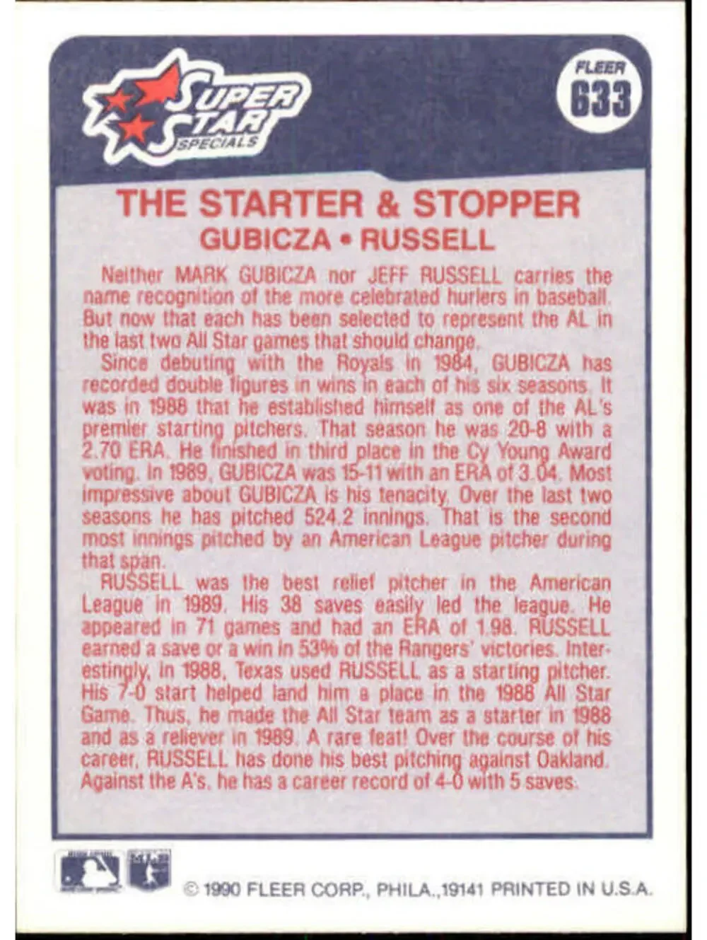 1990 Mark Gubicza / Jeff Russell Fleer Baseball Card #633